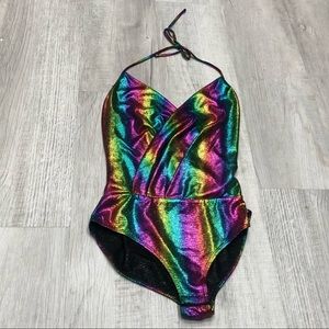 Rainbow Metallic Surplice Bodysuit - S - Festival Wear